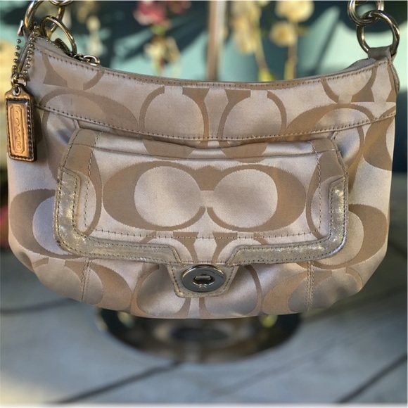 Y2K 90s Signature Logo Coach Tan and Silver Shoulder Bag & Charm